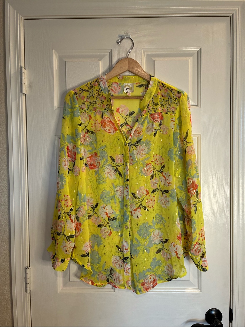 fig and flower Yellow Floral Semi-Sheer Button Blouse
